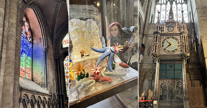 L-R - Stained Glass window inside Durham Cathedral, Kate looking at a exhibition inside the cathedral and The Astronomical Clock